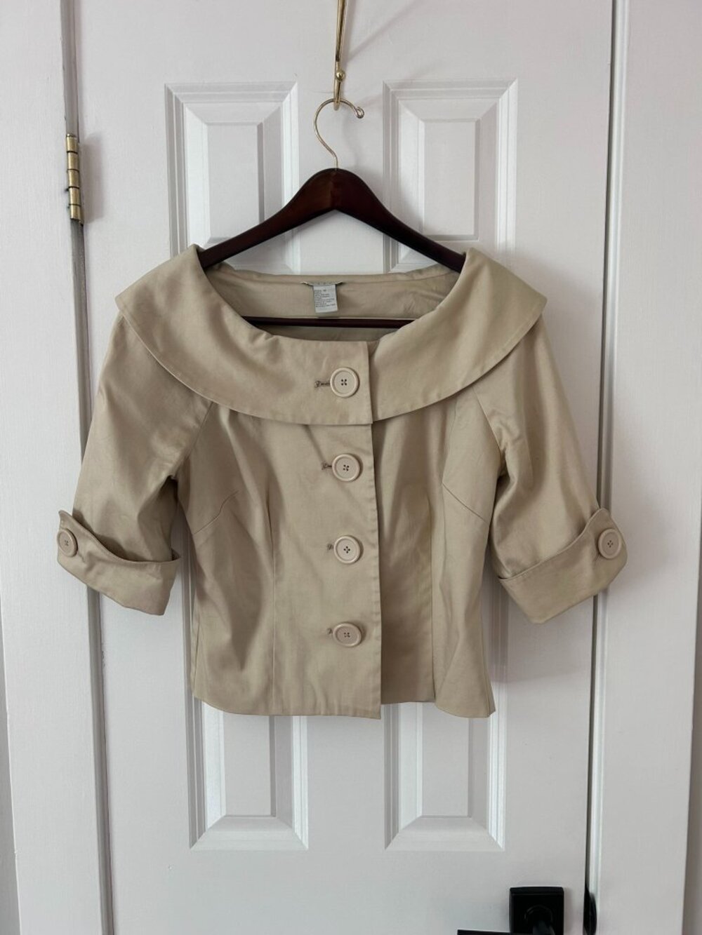 Tweeds Tan Cropped Swing Jacket Retro Portrait Collar Cotton Size 10